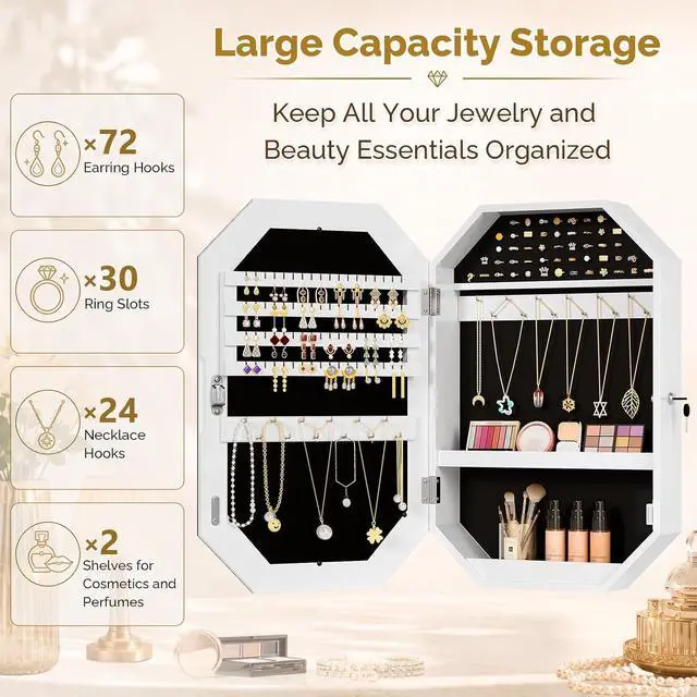 Alt view image 5 of 7 - Diamond-Shaped Wall-Mounted Jewelry Organizer, Lockable Octagonal Jewelry Cabinet with Mirror, Space-Saving Hanging Storage for Earrings, Necklaces, Rings, Modern and Elegant Home Decor