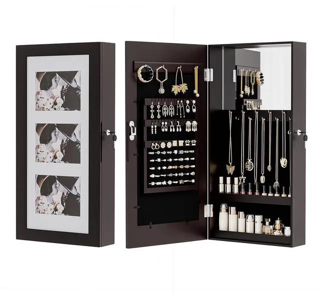 Main image of Brown Wall-Mounted Jewelry Organizer for Women, 3-in-1 Photo Frame, Mirror & Lockable Storage Cabinet, Hanging Jewelry Box for Earrings, Rings, Necklaces, and Bracelets, Space-Saving Gift