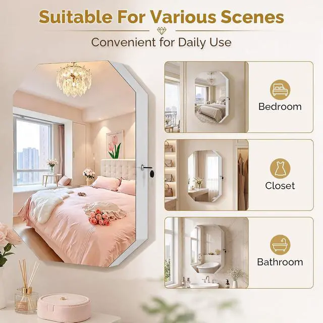 Alt view image 7 of 7 - Diamond-Shaped Wall-Mounted Jewelry Organizer, Lockable Octagonal Jewelry Cabinet with Mirror, Space-Saving Hanging Storage for Earrings, Necklaces, Rings, Modern and Elegant Home Decor