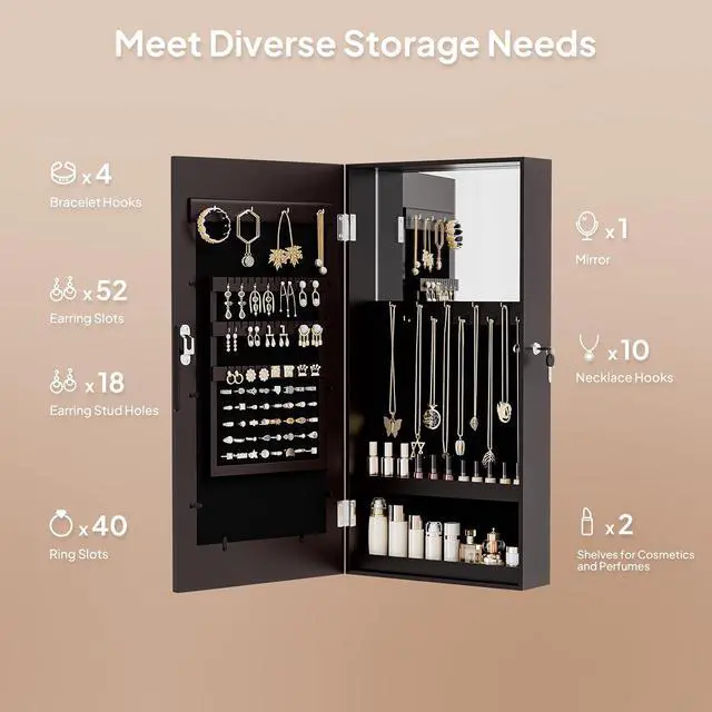 Alt view image 2 of 7 - Brown Wall-Mounted Jewelry Organizer for Women, 3-in-1 Photo Frame, Mirror & Lockable Storage Cabinet, Hanging Jewelry Box for Earrings, Rings, Necklaces, and Bracelets, Space-Saving Gift