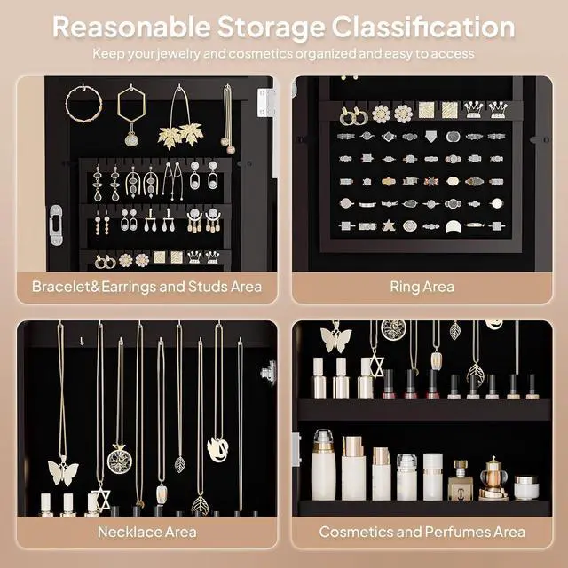 Alt view image 3 of 7 - Brown Wall-Mounted Jewelry Organizer for Women, 3-in-1 Photo Frame, Mirror & Lockable Storage Cabinet, Hanging Jewelry Box for Earrings, Rings, Necklaces, and Bracelets, Space-Saving Gift