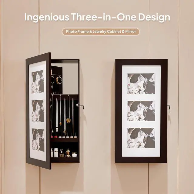Alt view image 4 of 7 - Brown Wall-Mounted Jewelry Organizer for Women, 3-in-1 Photo Frame, Mirror & Lockable Storage Cabinet, Hanging Jewelry Box for Earrings, Rings, Necklaces, and Bracelets, Space-Saving Gift