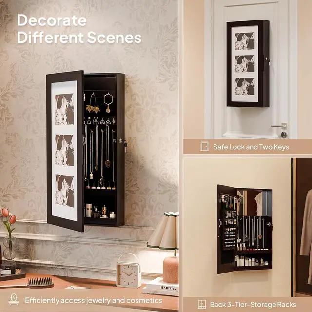 Alt view image 5 of 7 - Brown Wall-Mounted Jewelry Organizer for Women, 3-in-1 Photo Frame, Mirror & Lockable Storage Cabinet, Hanging Jewelry Box for Earrings, Rings, Necklaces, and Bracelets, Space-Saving Gift