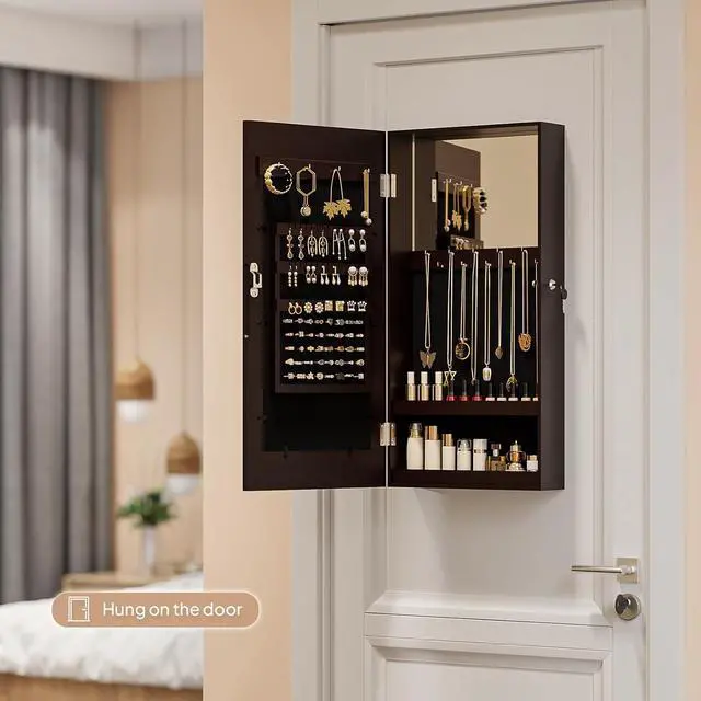 Alt view image 7 of 7 - Brown Wall-Mounted Jewelry Organizer for Women, 3-in-1 Photo Frame, Mirror & Lockable Storage Cabinet, Hanging Jewelry Box for Earrings, Rings, Necklaces, and Bracelets, Space-Saving Gift