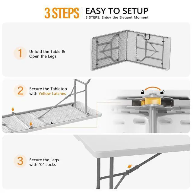 Alt view image 5 of 7 - 8 Foot Plastic Folding Table Portable Long Table for Indoor Outdoor Use Rectangular with Carrying HandleWhite