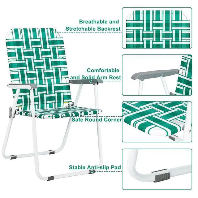 Alt view image 5 of 7 - Patio Lawn Webbed Folding Chairs Set of 4, Outdoor Beach Chair Portable Dining Chair for ir for Outdoor Yard, Garden(Green, Classic)