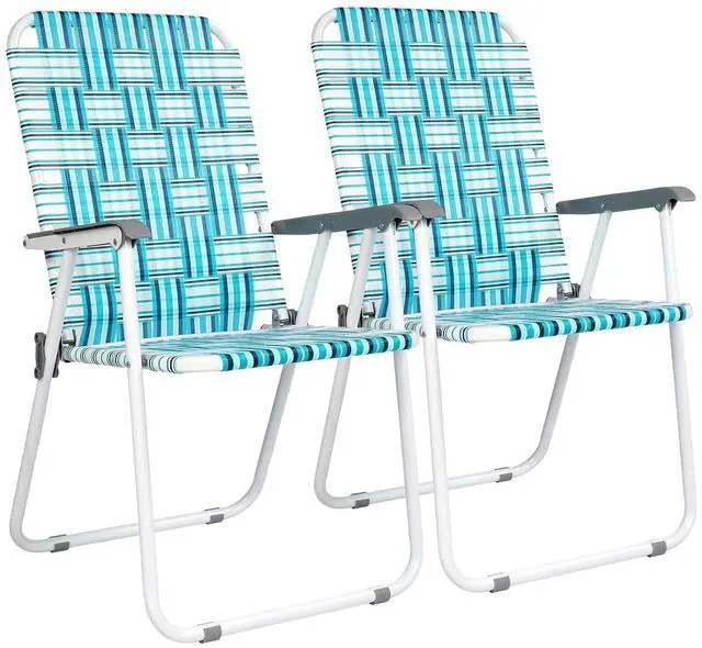Main image of Patio Lawn Webbed Folding Chairs Set of 2, Outdoor Beach Chair Portable Dining Chair for Outdoor Yard, Garden (White & Blue, Classic)