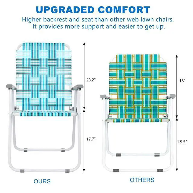 Alt view image 3 of 7 - Patio Lawn Webbed Folding Chairs Set of 2, Outdoor Beach Chair Portable Dining Chair for Outdoor Yard, Garden (White & Blue, Classic)