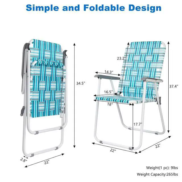 Alt view image 4 of 7 - Patio Lawn Webbed Folding Chairs Set of 2, Outdoor Beach Chair Portable Dining Chair for Outdoor Yard, Garden (White & Blue, Classic)