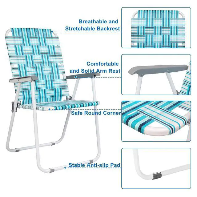 Alt view image 5 of 7 - Patio Lawn Webbed Folding Chairs Set of 2, Outdoor Beach Chair Portable Dining Chair for Outdoor Yard, Garden (White & Blue, Classic)