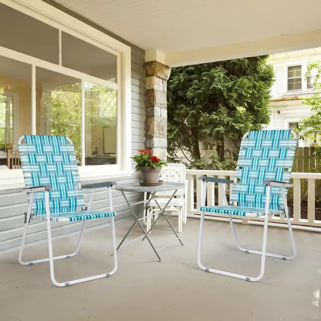 Alt view image 6 of 7 - Patio Lawn Webbed Folding Chairs Set of 2, Outdoor Beach Chair Portable Dining Chair for Outdoor Yard, Garden (White & Blue, Classic)