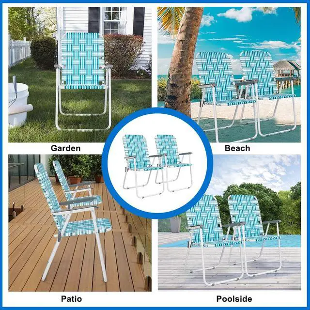 Alt view image 7 of 7 - Patio Lawn Webbed Folding Chairs Set of 2, Outdoor Beach Chair Portable Dining Chair for Outdoor Yard, Garden (White & Blue, Classic)