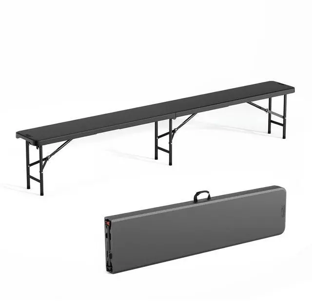 Main image of 8 feet Plastic Folding Bench,Portable in/Outdoor Picnic Party Camping Dining Seat, Garden Soccer Multipurpose Entertaining Activities, Smooth HDPE Tabletop (1, Black, 8ft)