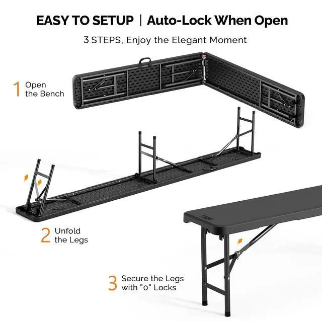 Alt view image 4 of 7 - 8 feet Plastic Folding Bench,Portable in/Outdoor Picnic Party Camping Dining Seat, Garden Soccer Multipurpose Entertaining Activities, Smooth HDPE Tabletop (1, Black, 8ft)