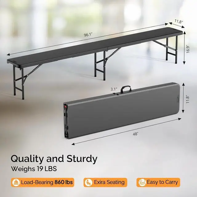 Alt view image 3 of 7 - 8 feet Plastic Folding Bench,Portable in/Outdoor Picnic Party Camping Dining Seat, Garden Soccer Multipurpose Entertaining Activities, Smooth HDPE Tabletop (1, Black, 8ft)