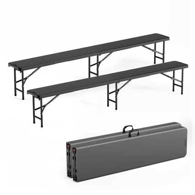 Main image of 8 feet Plastic Folding Bench,2 Pack Portable in/Outdoor Picnic Party Camping Dining Seat, Garden Soccer Multipurpose Entertaining Activities, Smooth HDPE Tabletop (2, Black, 8ft)