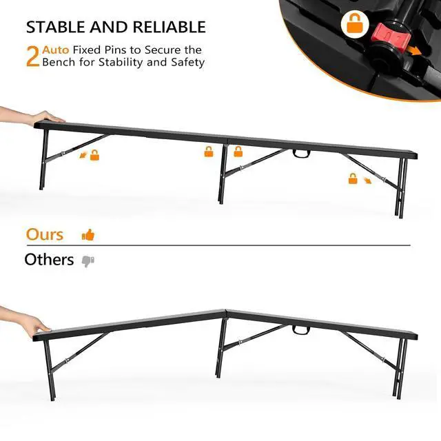 Alt view image 5 of 7 - 8 feet Plastic Folding Bench,Portable in/Outdoor Picnic Party Camping Dining Seat, Garden Soccer Multipurpose Entertaining Activities, Smooth HDPE Tabletop (1, Black, 8ft)