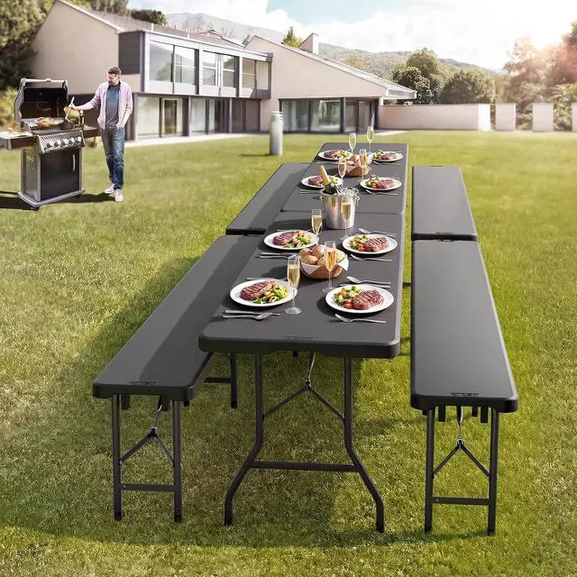 Alt view image 7 of 7 - 8 feet Plastic Folding Bench,Portable in/Outdoor Picnic Party Camping Dining Seat, Garden Soccer Multipurpose Entertaining Activities, Smooth HDPE Tabletop (1, Black, 8ft)
