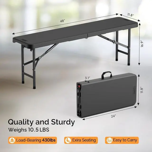 Alt view image 3 of 7 - 4 feet Plastic Folding Bench,Portable in/Outdoor Picnic Party Camping Dining Seat, Garden Soccer Multipurpose Entertaining Activities, Smooth HDPE Tabletop (2, Black, 4ft)