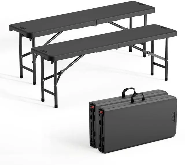Main image of 4 feet Plastic Folding Bench,Portable in/Outdoor Picnic Party Camping Dining Seat, Garden Soccer Multipurpose Entertaining Activities, Smooth HDPE Tabletop (2, Black, 4ft)
