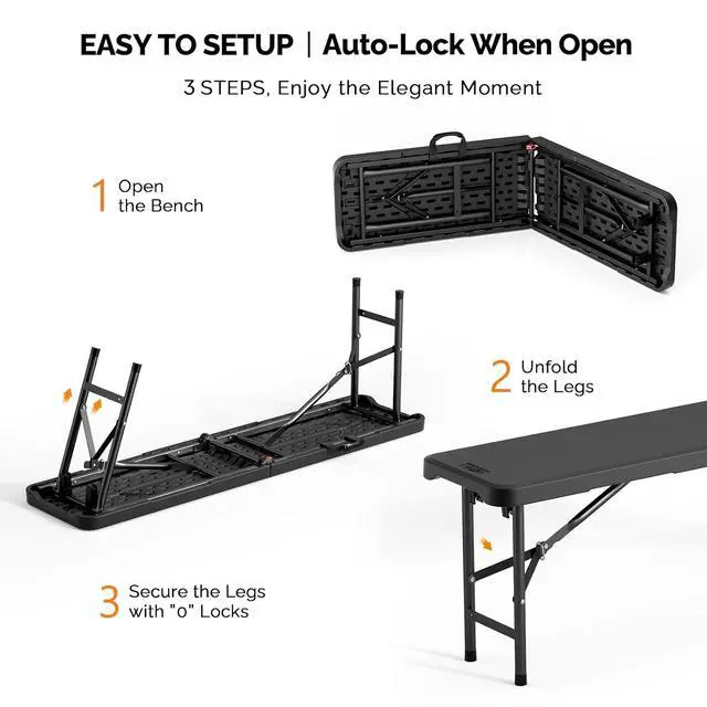 Alt view image 5 of 7 - 4 feet Plastic Folding Bench,Portable in/Outdoor Picnic Party Camping Dining Seat, Garden Soccer Multipurpose Entertaining Activities, Smooth HDPE Tabletop (2, Black, 4ft)