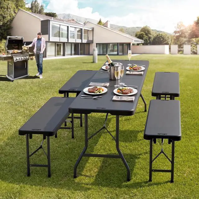 Alt view image 6 of 7 - 4 feet Plastic Folding Bench,Portable in/Outdoor Picnic Party Camping Dining Seat, Garden Soccer Multipurpose Entertaining Activities, Smooth HDPE Tabletop (2, Black, 4ft)