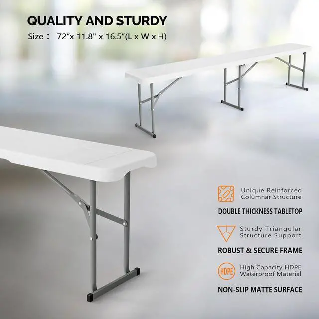 Alt view image 4 of 7 - 6 feet Plastic Folding Bench,Portable in/Outdoor Picnic Party Camping Dining Seat, Garden Soccer Multipurpose Entertaining Activities, Smooth HDPE Tabletop (1, White, 6ft)