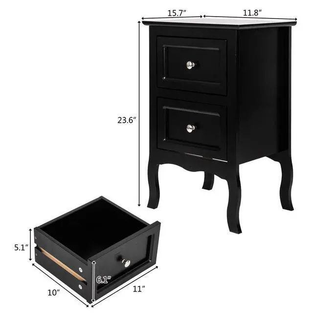 Alt view image 2 of 7 - Bonnlo Black Nightstand with 2 Drawers, Night Stands for Bedrooms, Small Bed Side Table/White Night Stand with Drawers for Small Spaces, College Dorm, Kids Room, Living Room, French, 16W x 12D x 24H