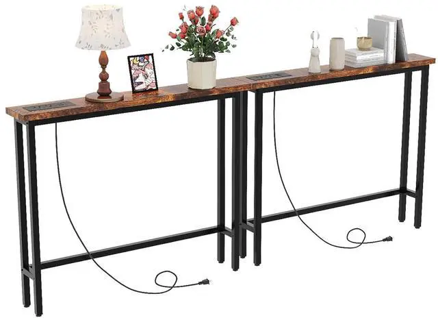 Main image of 79" Narrow Console Table with Power Outlet 2 Pack, Rustic Brown | Entryway Table with Charging Station & 4.9 Ft Extension Cord & Adjustable Feet, behind Couch Table for Living Room, Hallway