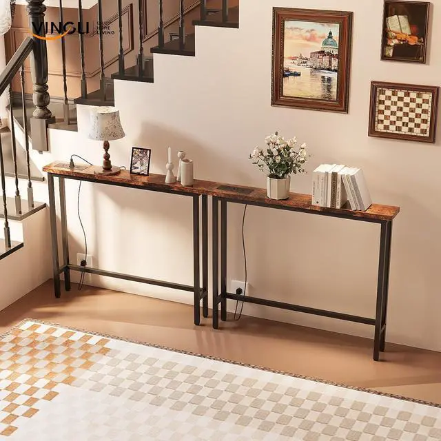 Alt view image 2 of 7 - 79" Narrow Console Table with Power Outlet 2 Pack, Rustic Brown | Entryway Table with Charging Station & 4.9 Ft Extension Cord & Adjustable Feet, behind Couch Table for Living Room, Hallway