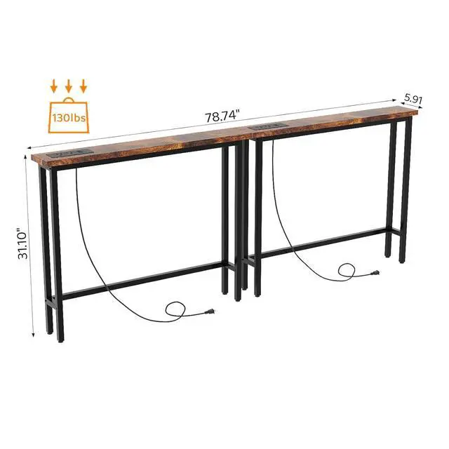 Alt view image 3 of 7 - 79" Narrow Console Table with Power Outlet 2 Pack, Rustic Brown | Entryway Table with Charging Station & 4.9 Ft Extension Cord & Adjustable Feet, behind Couch Table for Living Room, Hallway
