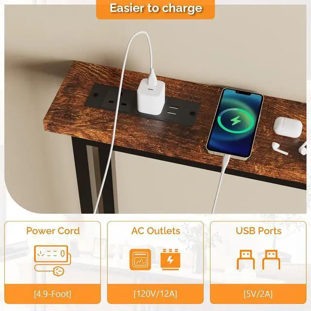 Alt view image 4 of 7 - 79" Narrow Console Table with Power Outlet 2 Pack, Rustic Brown | Entryway Table with Charging Station & 4.9 Ft Extension Cord & Adjustable Feet, behind Couch Table for Living Room, Hallway