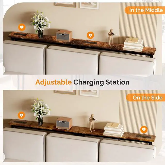 Alt view image 5 of 7 - 79" Narrow Console Table with Power Outlet 2 Pack, Rustic Brown | Entryway Table with Charging Station & 4.9 Ft Extension Cord & Adjustable Feet, behind Couch Table for Living Room, Hallway