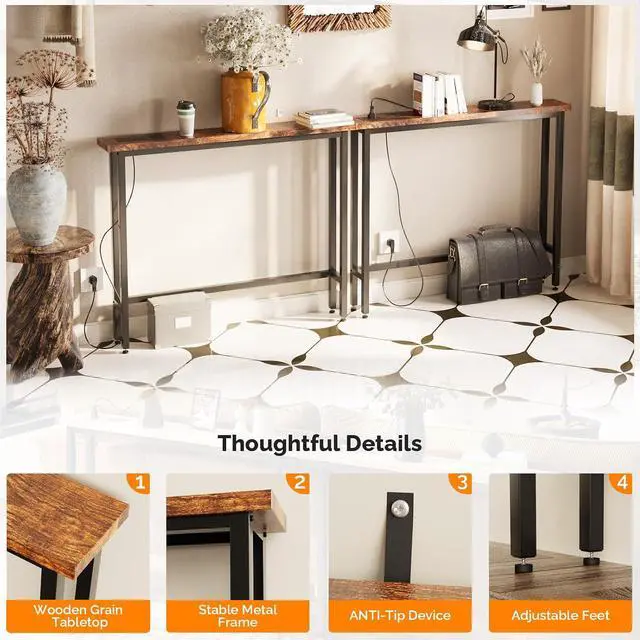 Alt view image 6 of 7 - 79" Narrow Console Table with Power Outlet 2 Pack, Rustic Brown | Entryway Table with Charging Station & 4.9 Ft Extension Cord & Adjustable Feet, behind Couch Table for Living Room, Hallway