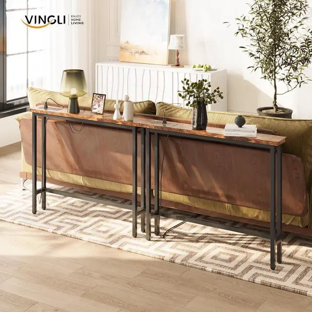 Alt view image 7 of 7 - 79" Narrow Console Table with Power Outlet 2 Pack, Rustic Brown | Entryway Table with Charging Station & 4.9 Ft Extension Cord & Adjustable Feet, behind Couch Table for Living Room, Hallway
