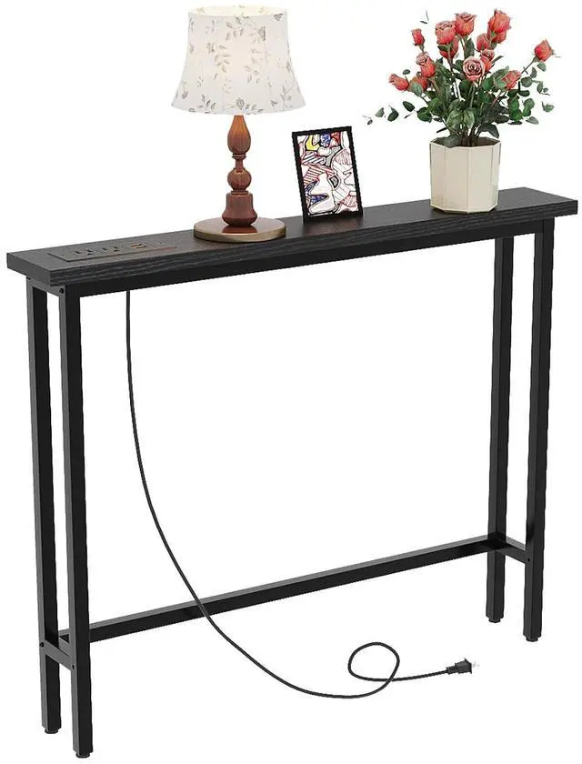 Main image of 39" Console Table with Power Outlet, 5.9" Narrow Sofa Table, Black | Entryway Table with Charging Station & 4.9 Ft Extension Cord & Adjustable Feet, behind Couch Table for Living Room, Hallway