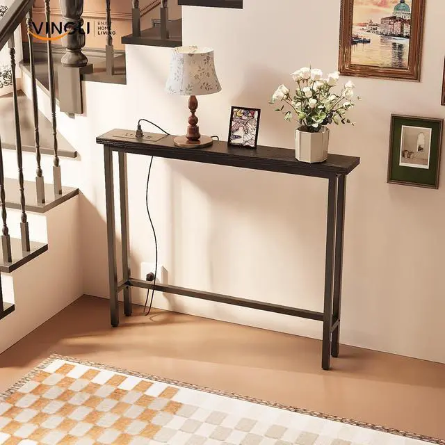 Alt view image 2 of 7 - 39" Console Table with Power Outlet, 5.9" Narrow Sofa Table, Black | Entryway Table with Charging Station & 4.9 Ft Extension Cord & Adjustable Feet, behind Couch Table for Living Room, Hallway