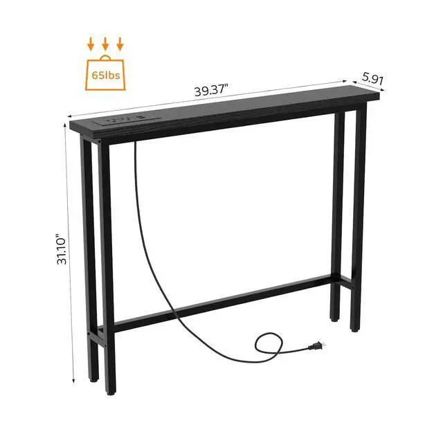 Alt view image 3 of 7 - 39" Console Table with Power Outlet, 5.9" Narrow Sofa Table, Black | Entryway Table with Charging Station & 4.9 Ft Extension Cord & Adjustable Feet, behind Couch Table for Living Room, Hallway