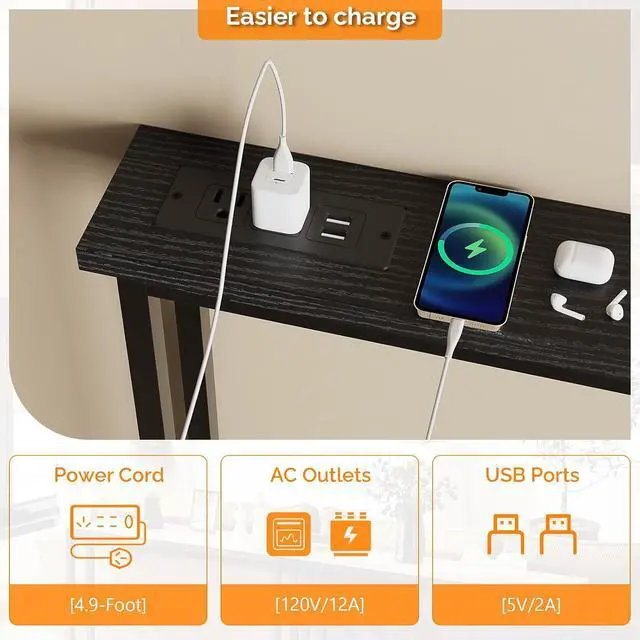 Alt view image 4 of 7 - 39" Console Table with Power Outlet, 5.9" Narrow Sofa Table, Black | Entryway Table with Charging Station & 4.9 Ft Extension Cord & Adjustable Feet, behind Couch Table for Living Room, Hallway