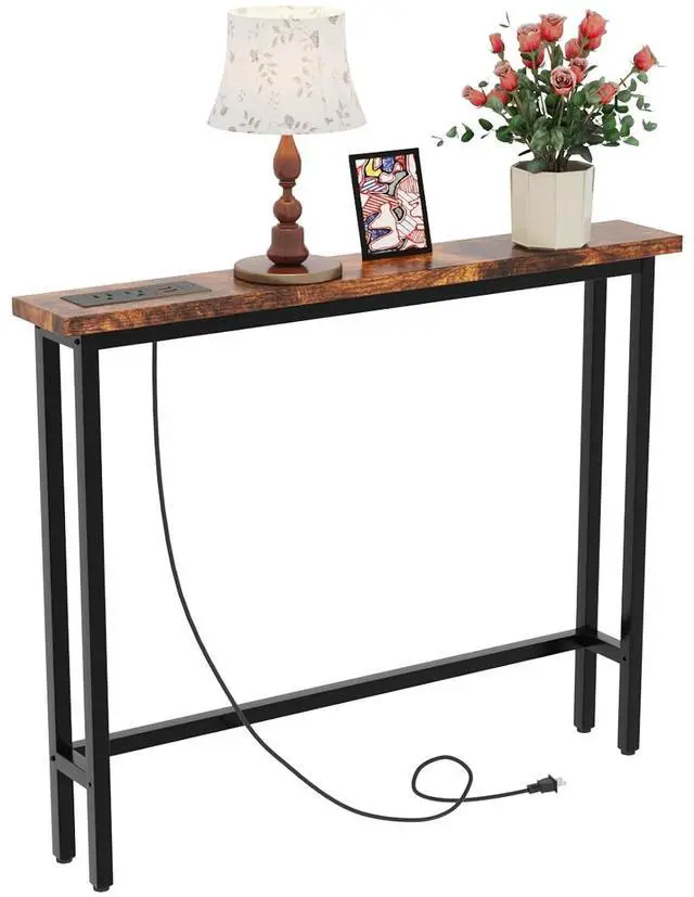 Main image of 39" Console Table with Power Outlet, Narrow Sofa Table, Rustic Brown | Entryway Table with Charging Station & 4.9 Ft Extension Cord & Adjustable Feet, behind Couch Table for Living Room, Hallway