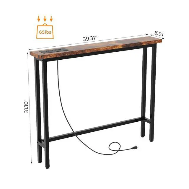 Alt view image 3 of 7 - 39" Console Table with Power Outlet, Narrow Sofa Table, Rustic Brown | Entryway Table with Charging Station & 4.9 Ft Extension Cord & Adjustable Feet, behind Couch Table for Living Room, Hallway