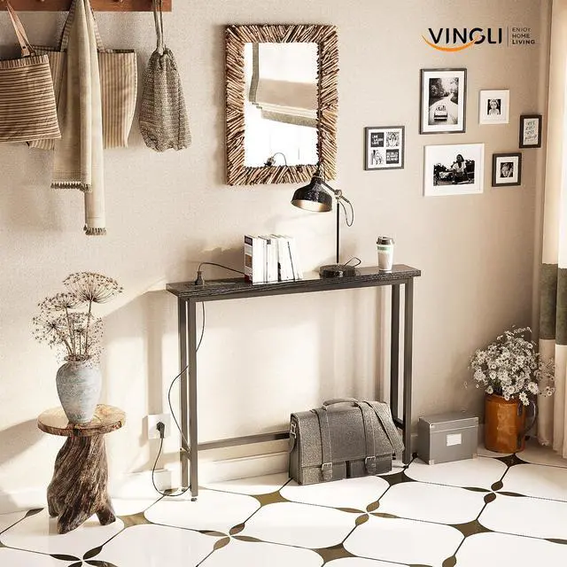 Alt view image 7 of 7 - 39" Console Table with Power Outlet, 5.9" Narrow Sofa Table, Black | Entryway Table with Charging Station & 4.9 Ft Extension Cord & Adjustable Feet, behind Couch Table for Living Room, Hallway