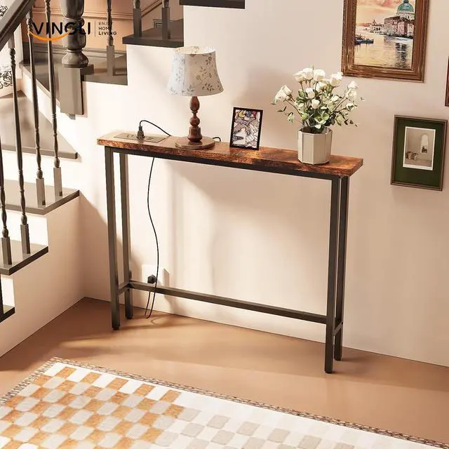 Alt view image 2 of 7 - 39" Console Table with Power Outlet, Narrow Sofa Table, Rustic Brown | Entryway Table with Charging Station & 4.9 Ft Extension Cord & Adjustable Feet, behind Couch Table for Living Room, Hallway