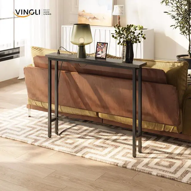 Alt view image 6 of 7 - 39" Console Table with Power Outlet, 5.9" Narrow Sofa Table, Black | Entryway Table with Charging Station & 4.9 Ft Extension Cord & Adjustable Feet, behind Couch Table for Living Room, Hallway