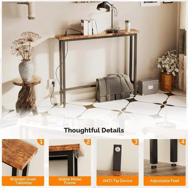 Alt view image 5 of 7 - 39" Console Table with Power Outlet, Narrow Sofa Table, Rustic Brown | Entryway Table with Charging Station & 4.9 Ft Extension Cord & Adjustable Feet, behind Couch Table for Living Room, Hallway