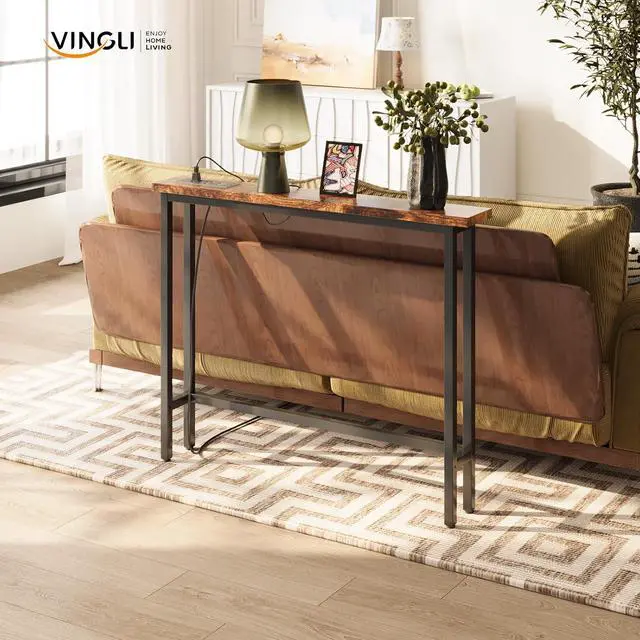 Alt view image 6 of 7 - 39" Console Table with Power Outlet, Narrow Sofa Table, Rustic Brown | Entryway Table with Charging Station & 4.9 Ft Extension Cord & Adjustable Feet, behind Couch Table for Living Room, Hallway