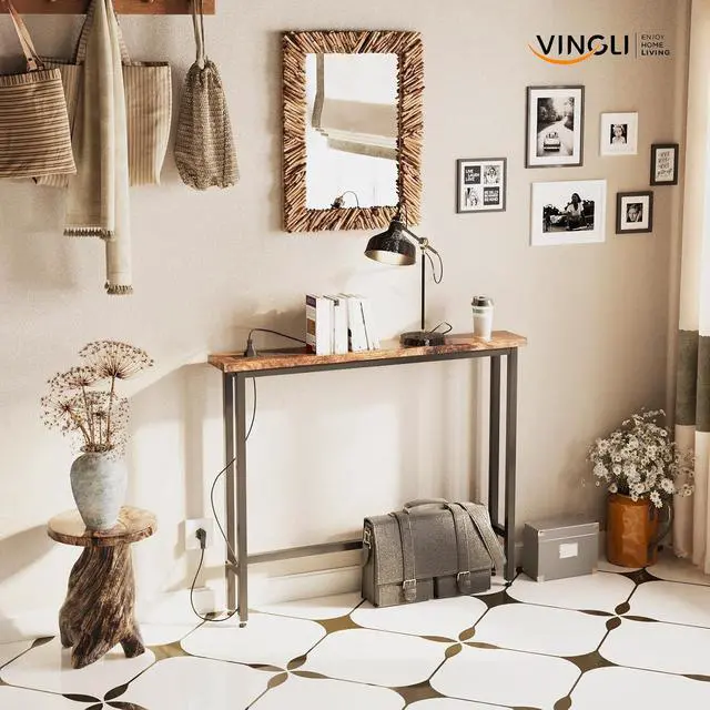 Alt view image 7 of 7 - 39" Console Table with Power Outlet, Narrow Sofa Table, Rustic Brown | Entryway Table with Charging Station & 4.9 Ft Extension Cord & Adjustable Feet, behind Couch Table for Living Room, Hallway
