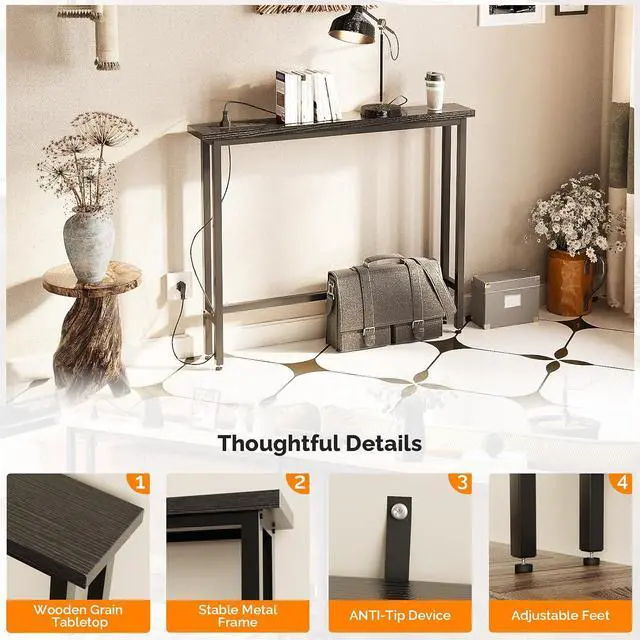 Alt view image 5 of 7 - 39" Console Table with Power Outlet, 5.9" Narrow Sofa Table, Black | Entryway Table with Charging Station & 4.9 Ft Extension Cord & Adjustable Feet, behind Couch Table for Living Room, Hallway