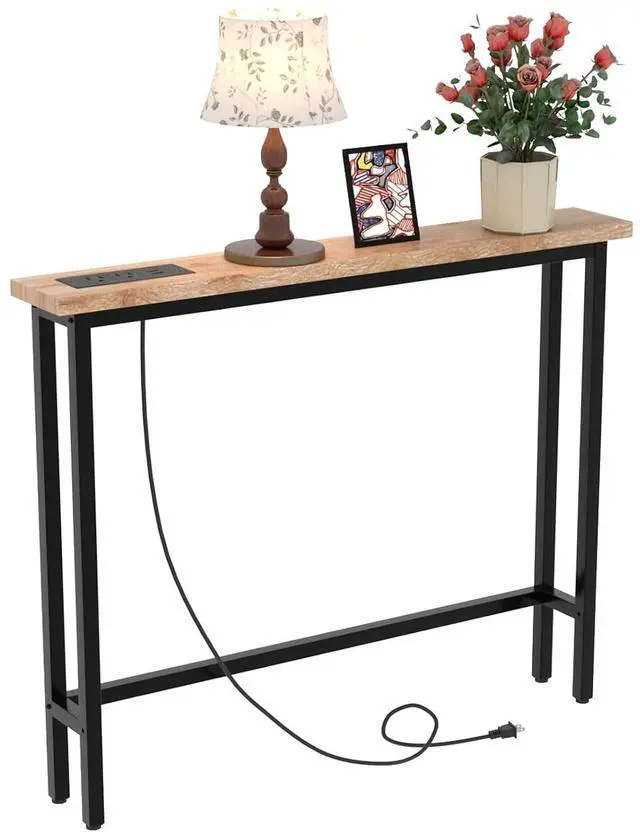 Main image of 39" Console Table with Power Outlet, 5.9" Narrow Sofa Table, Oak | Entryway Table with Charging Station & 4.9 Ft Extension Cord & Adjustable Feet, behind Couch Table for Living Room, Hallway
