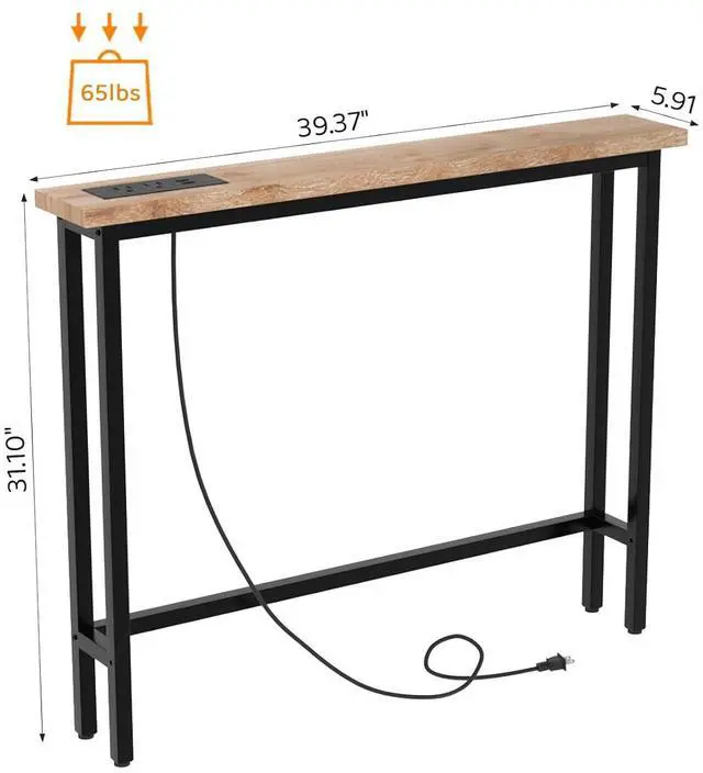 Alt view image 3 of 7 - 39" Console Table with Power Outlet, 5.9" Narrow Sofa Table, Oak | Entryway Table with Charging Station & 4.9 Ft Extension Cord & Adjustable Feet, behind Couch Table for Living Room, Hallway